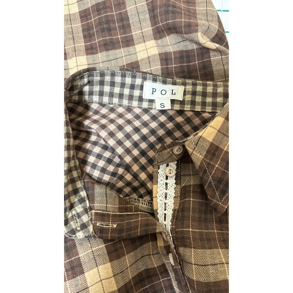 POL Brown Plaid Lace Trim Button Down Shirt RCT978 Mixed Pattern Womens Small - Picture 3 of 9
